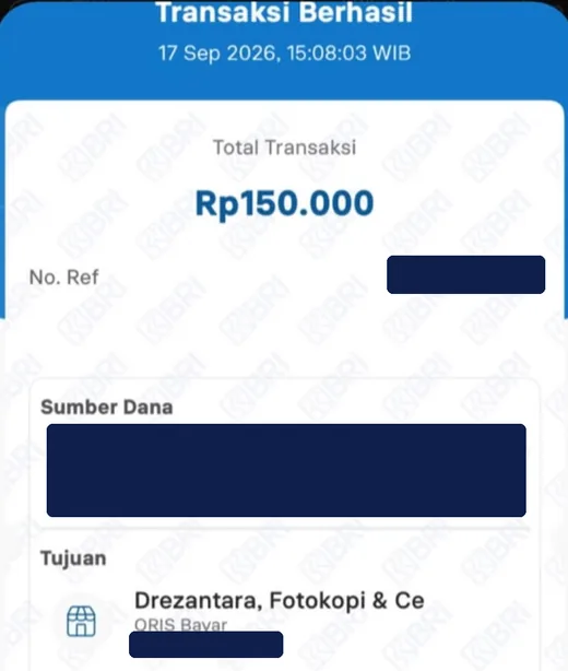 Bukti bayar Rp150.000, BRI · QRIS