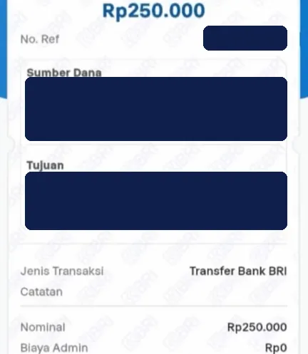 Bukti bayar Rp250.000, Transfer BRI